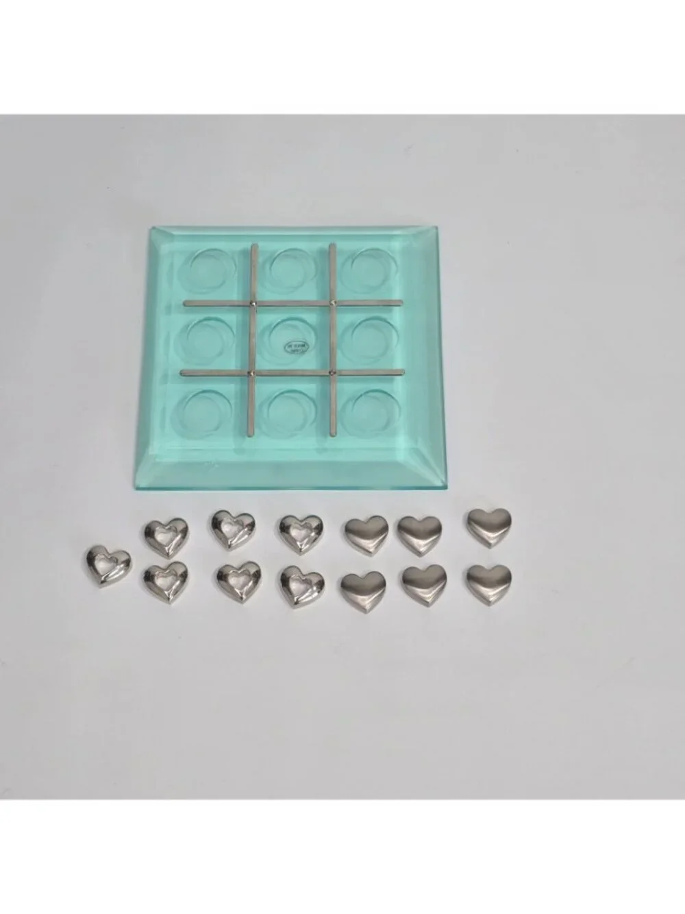 Tic Tac Toe Set Glass Board Mini Game 13 Heart Shaped Metal Pieces EliteCrafters